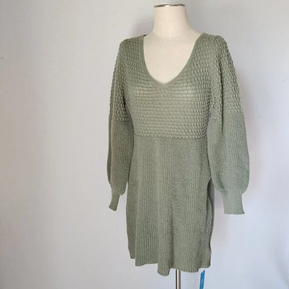 Sweaterdress| Honeycomb Knit V-Neck Mini Sweater Dress - Sage - M